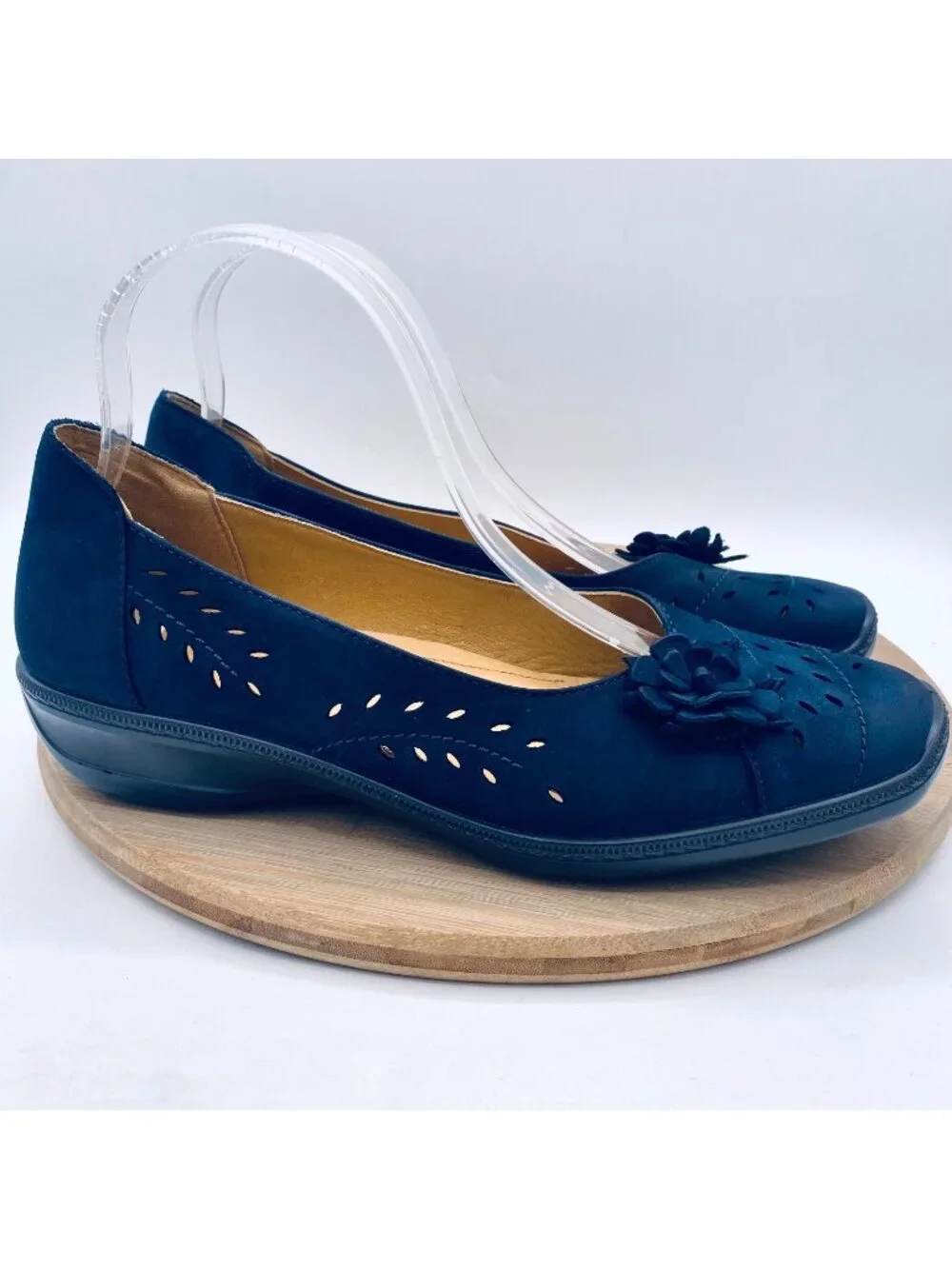 Hotter Shoes Womens 9.5 Blue Leather Slip On Comfort Perforated Flats Flower